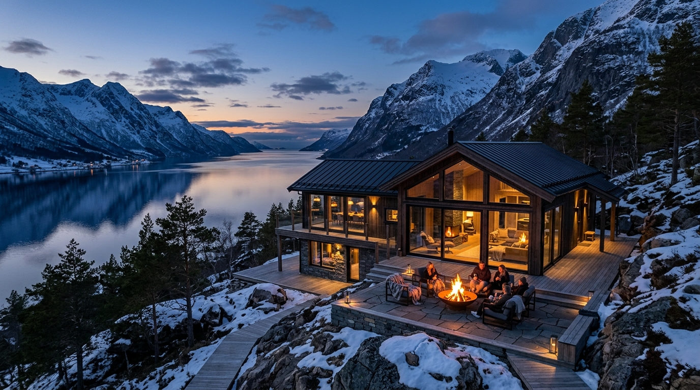 Norway alpine fjord lodge at dusk